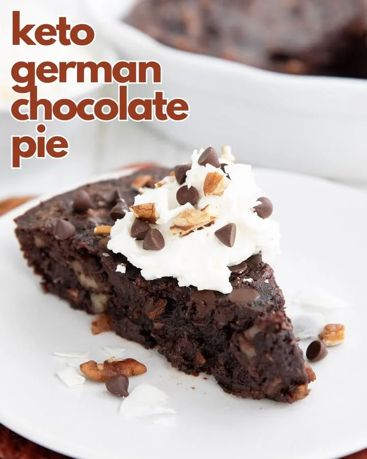 Delicious Keto German Chocolate Pie with a rich chocolate and coconut topping
