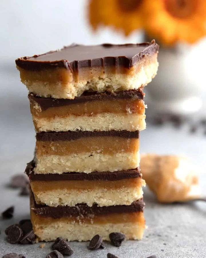 Delicious Keto Tagalong Bars topped with chocolate and peanut butter