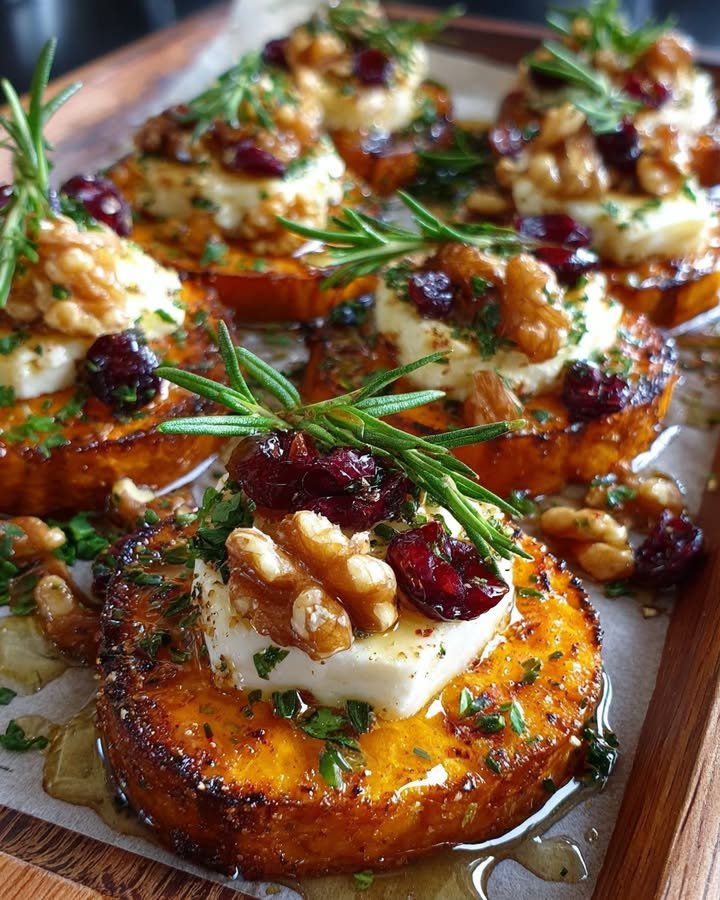 Sweet Potato Rounds with Brie, Cranberries & Toasted Walnuts with a Hot Honey Drizzle