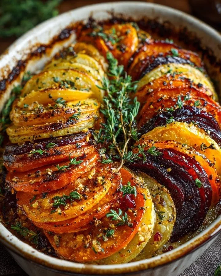 Layered sweet potato bake with butternut squash and carrot topped with cranberry-honey drizzle.