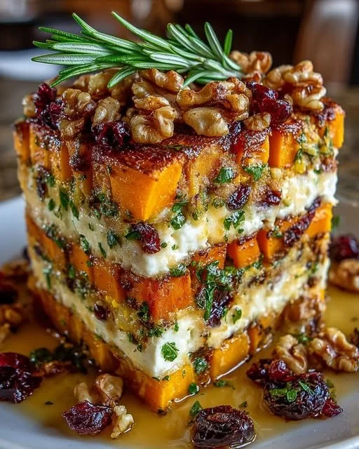 Layered sweet potato lasagna with butternut squash, carrots, feta, and glaze