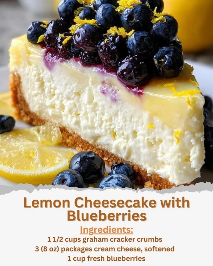 Lemon cheesecake topped with fresh blueberries on a white plate.