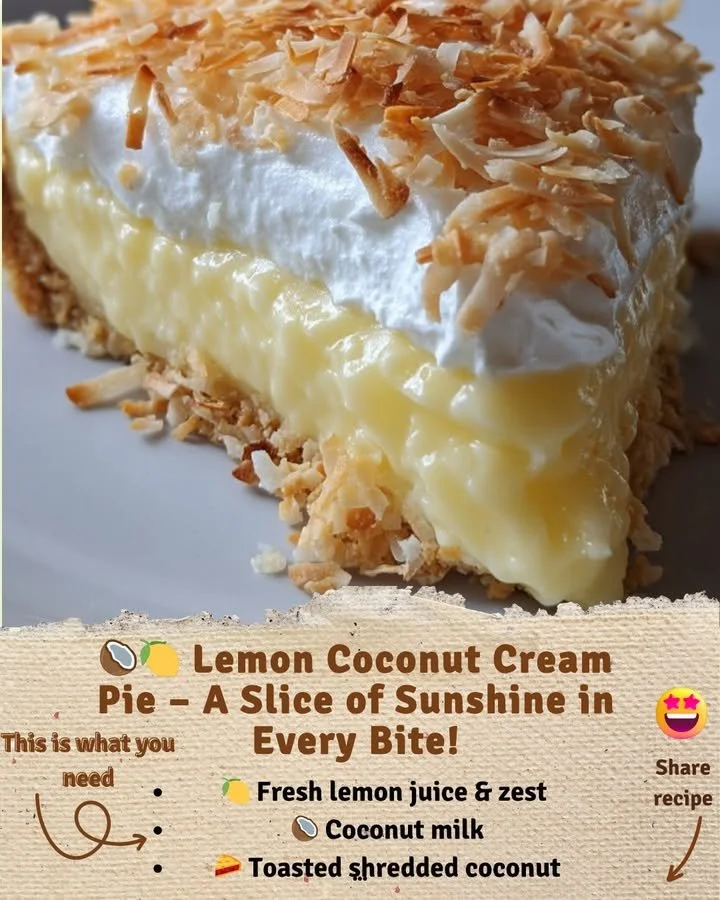 Lemon Coconut Cream Pie topped with whipped cream and coconut flakes
