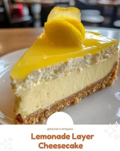 Sliced Lemonade Layer Cheesecake topped with lemon slices and whipped cream