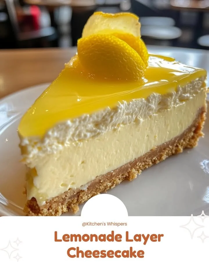 Sliced Lemonade Layer Cheesecake topped with lemon slices and whipped cream
