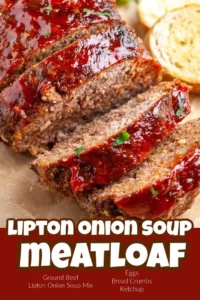 Delicious Lipton onion soup meatloaf served on a plate with vegetables