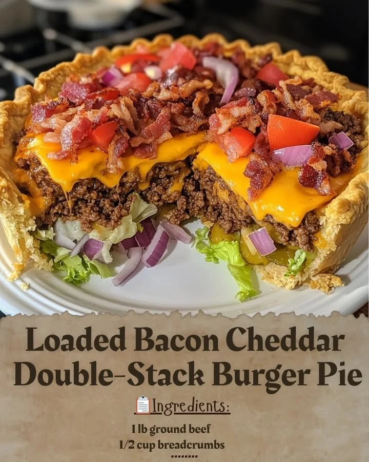 Loaded Bacon Cheddar Double-Stack Burger Pie topped with crispy bacon and melted cheese