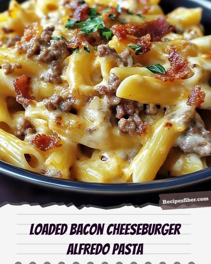 Loaded Bacon Cheeseburger Alfredo Pasta with bacon, cheese, and creamy sauce