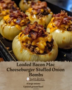 Loaded Bacon Mac Cheeseburger Stuffed Onion Bombs ready to serve.