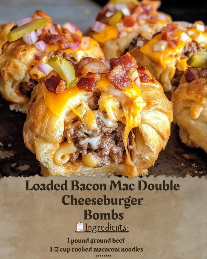 Loaded Bacon Mac Double Cheeseburger Bombs with mac and cheese and crispy bacon