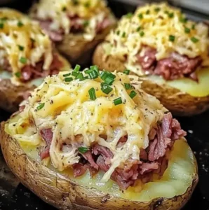 Loaded corned beef potato skins topped with cheese and green onions