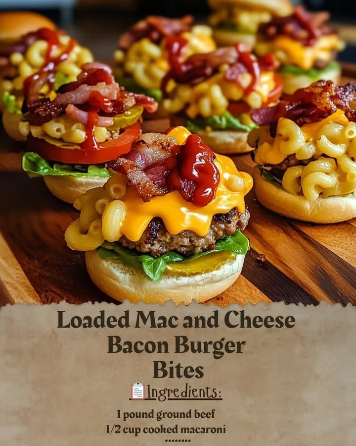 Loaded Mac and Cheese Bacon Burger Bites served on a platter