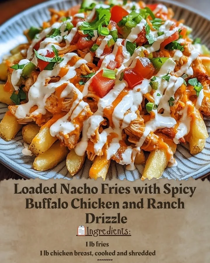 Loaded nacho fries topped with spicy buffalo chicken and ranch drizzle
