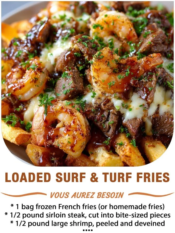 Loaded surf and turf fries topped with seafood and steak.