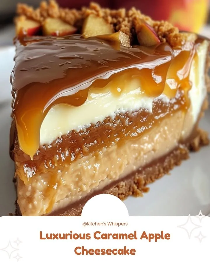Delicious luxurious caramel apple cheesecake slice with caramel drizzle
