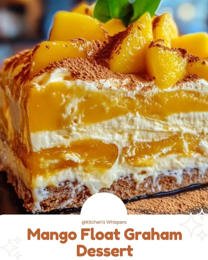 Mango Float Graham Dessert with layers of cream and mango slices