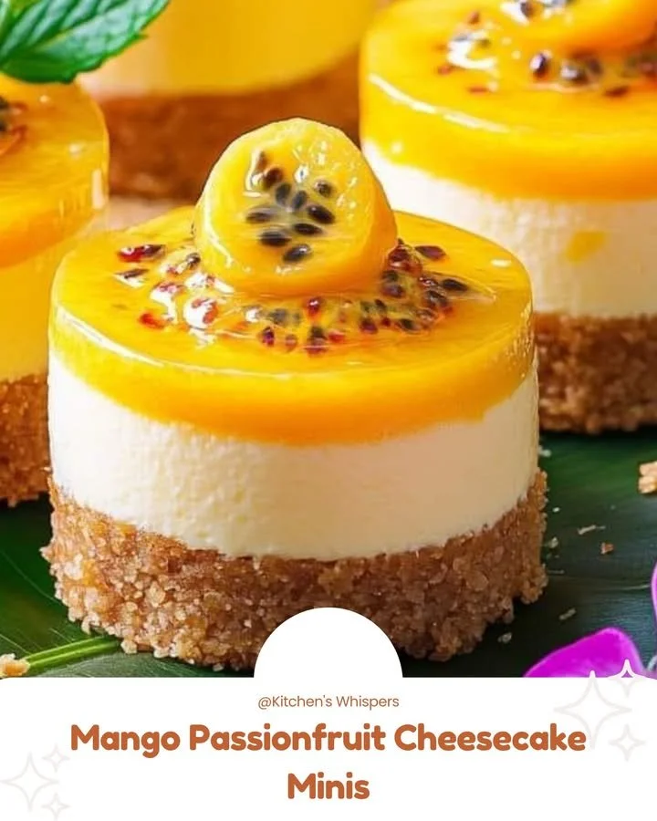 Mango Passionfruit Cheesecake Minis on a dessert plate