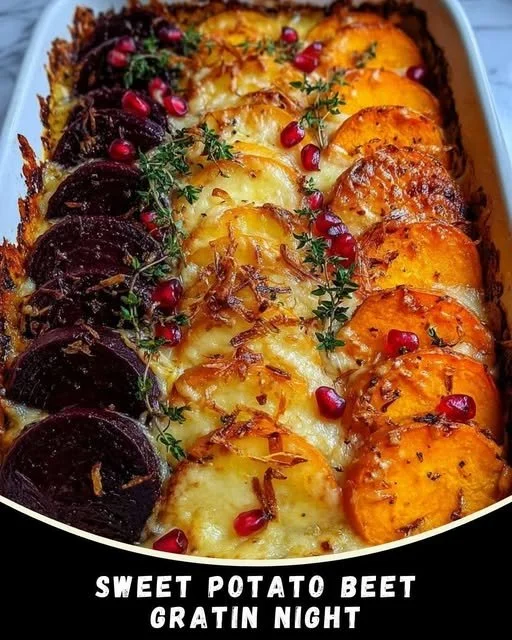 Maple Beet and Sweet Potato Gratin topped with herbs and baked to perfection