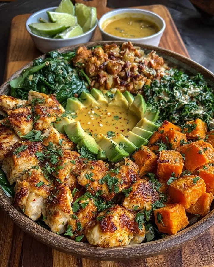 Maple Dijon Chicken served in a bowl with sweet potatoes and colorful vegetables