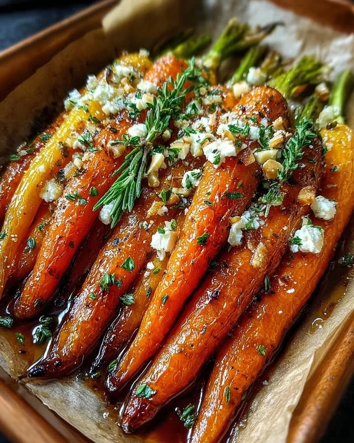 Maple-glazed baby carrots with whipped goat cheese and candied hazelnuts.