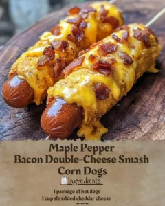 Maple Pepper Bacon Double-Cheese Smash Corn Dogs served with dipping sauce