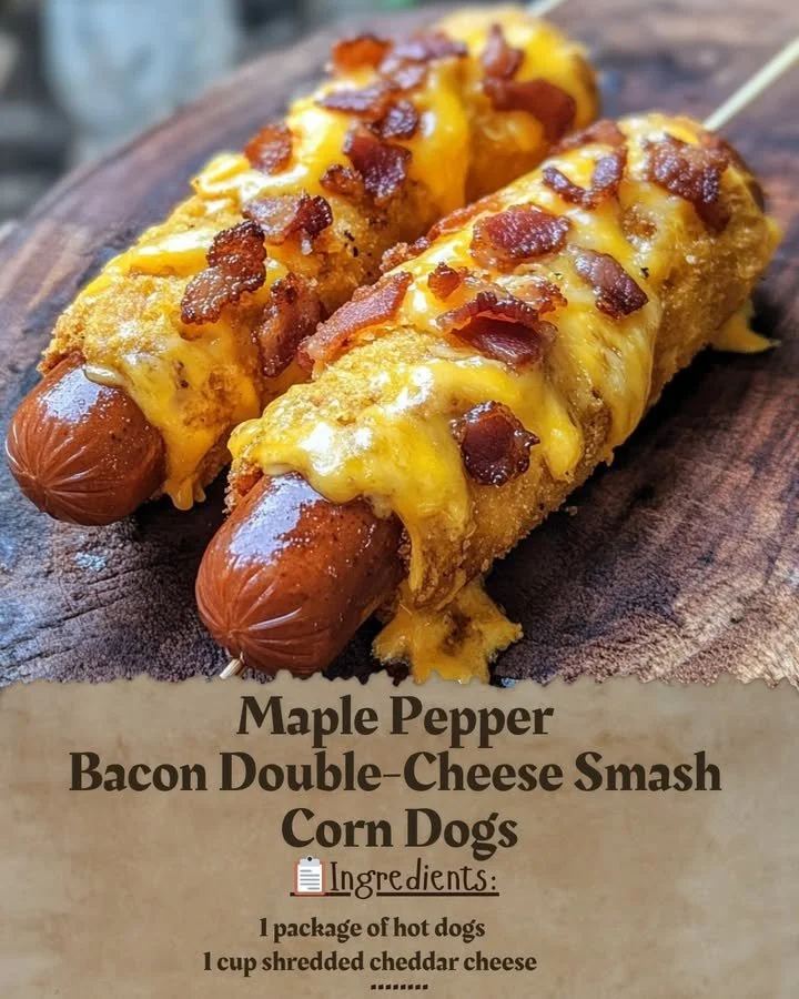 Maple Pepper Bacon Double-Cheese Smash Corn Dogs served with dipping sauce