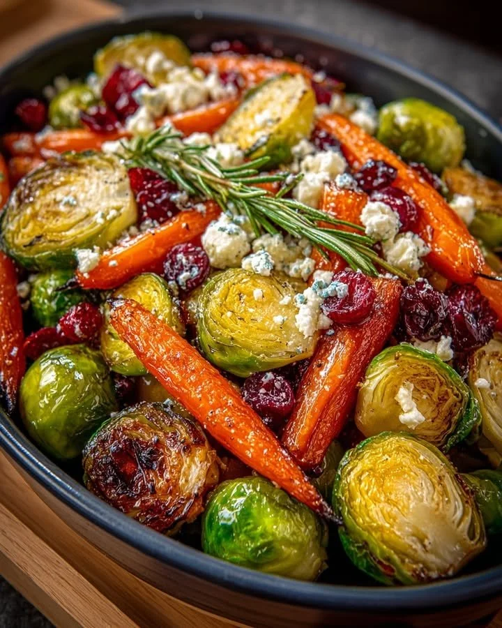 Maple-Roasted Carrots and Brussels Sprouts with Goat Cheese and Cranberry Glaze dish