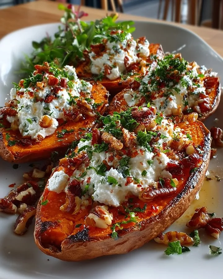 Maple-roasted sweet potato halves with whipped feta and candied pecans on a plate.