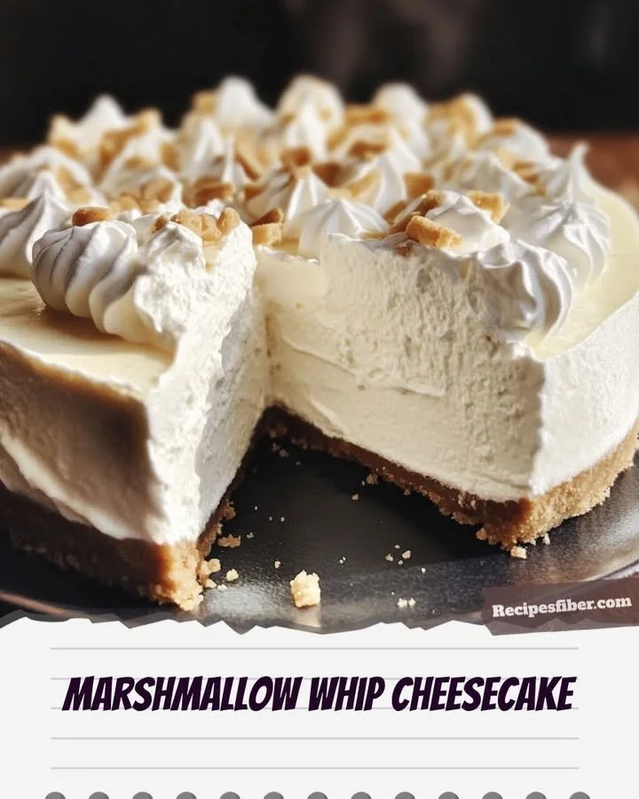 Delicious Marshmallow Whip Cheesecake topped with a fluffy marshmallow layer.