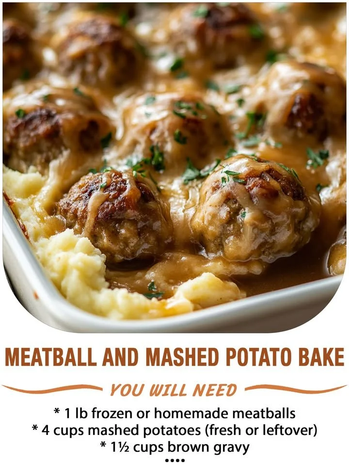 Delicious meatball and mashed potato bake dish, perfect for family meals