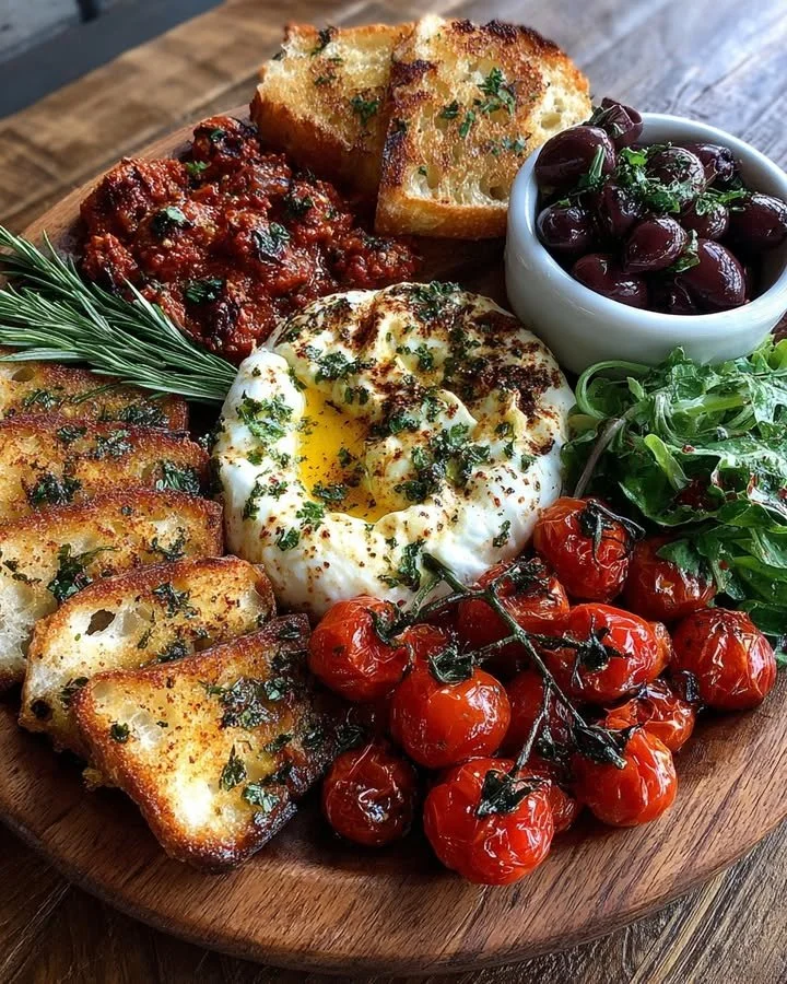 Mediterranean Burrata Board with fresh ingredients and artisan bread.