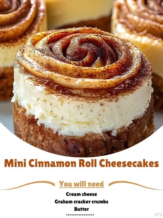 Delicious mini cinnamon roll cheesecakes topped with cinnamon and creamy frosting