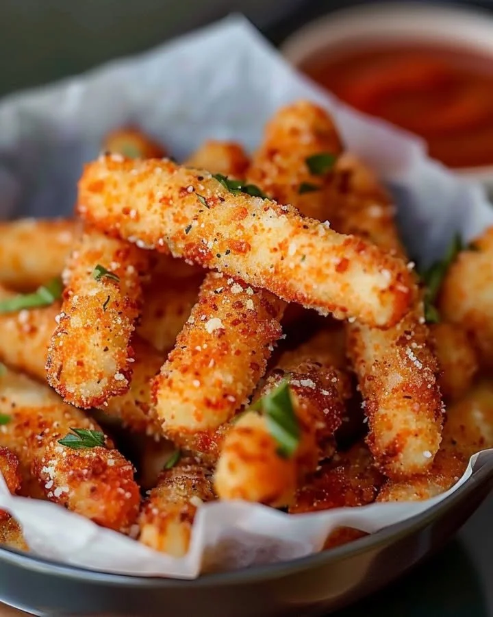 Crispy mozzarella stick fries served with dipping sauce