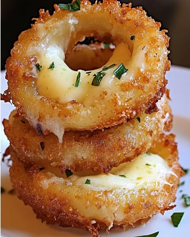 Crispy mozzarella-stuffed onion rings drizzled with garlic butter on a plate
