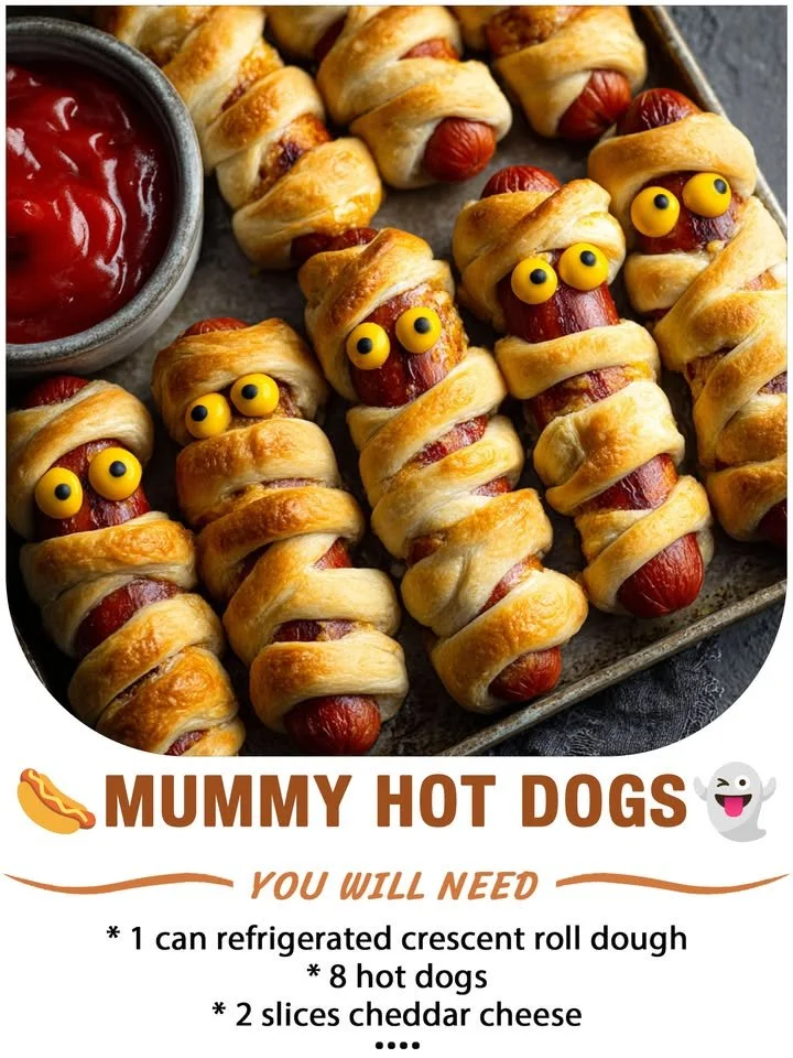 Mummy Hot Dogs wrapped in crescent dough for Halloween fun