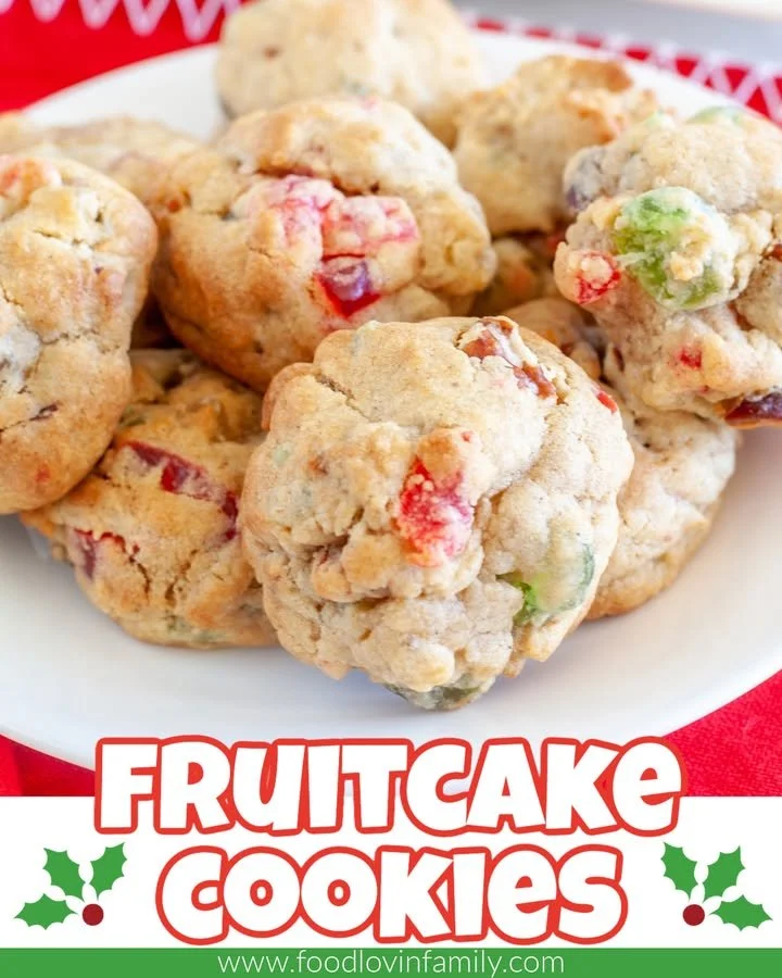 Delicious Nana's Fruitcake Cookies with nuts and dried fruits on a rustic wooden table.