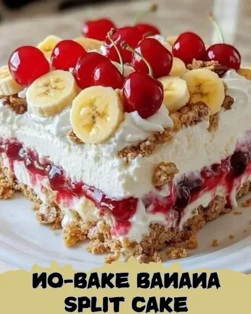 No-Bake Banana Split Cake with chocolate, banana, and whipped cream layers