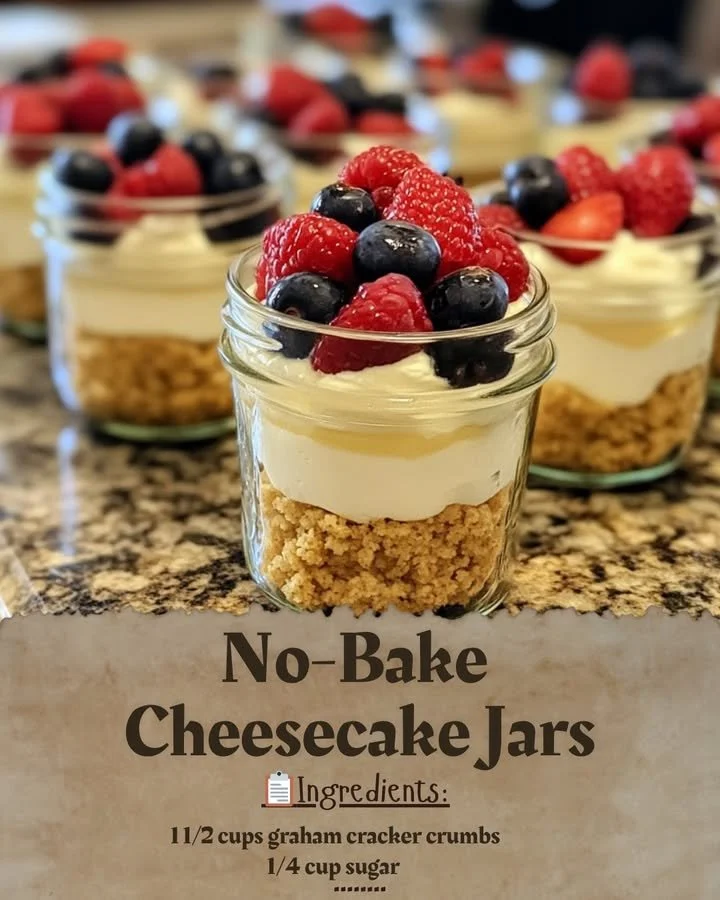No-bake cheesecake jars with layers of creamy cheesecake and toppings