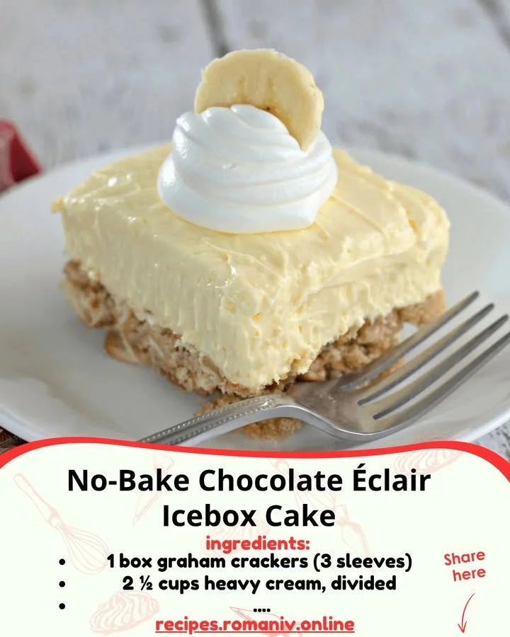 No-Bake Chocolate Éclair Icebox Cake served on a plate with chocolate drizzle.