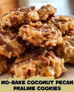 No-Bake Coconut Pecan Praline Cookies on a plate with a rustic background