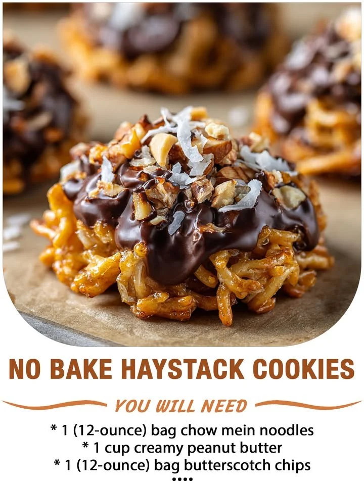No Bake Haystack Cookies made with chocolate and chow mein noodles