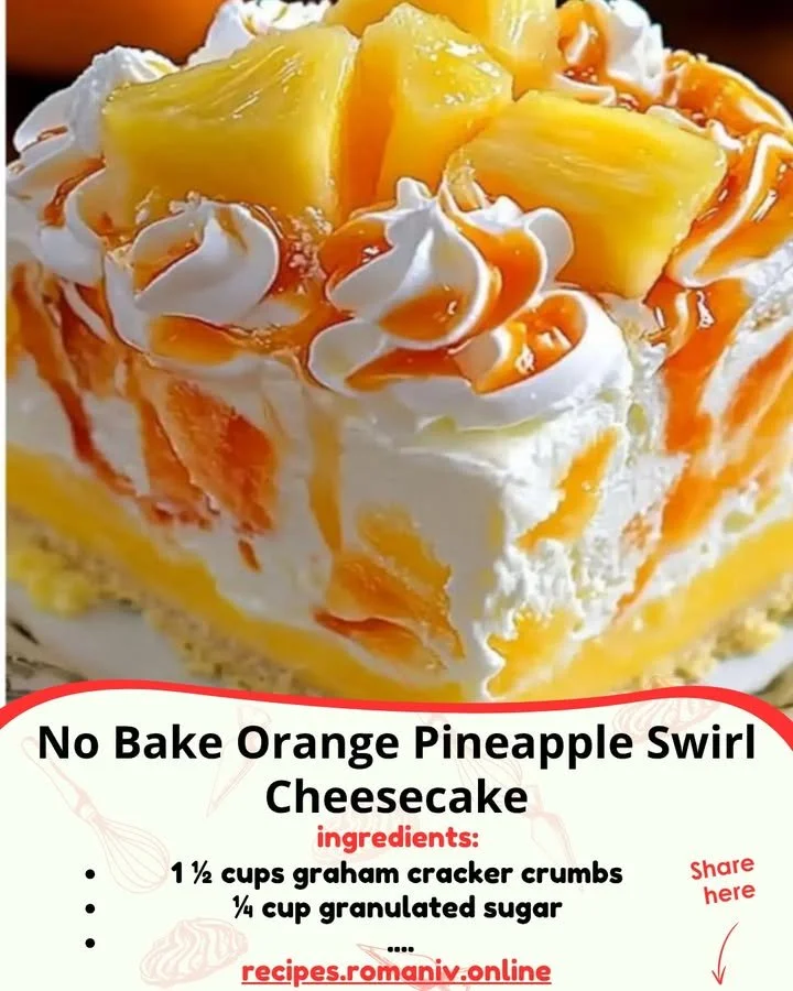No Bake Orange Pineapple Swirl Cheesecake with a tropical fruit topping