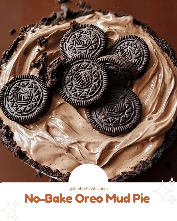 Delicious No-Bake Oreo Mud Pie topped with crushed Oreos and chocolate drizzle
