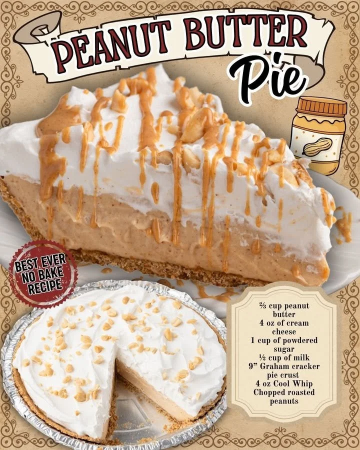 Slice of no-bake peanut butter pie topped with chocolate drizzle