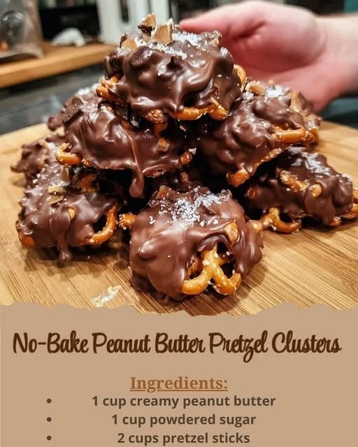 No-bake peanut butter pretzel clusters arranged on a plate.