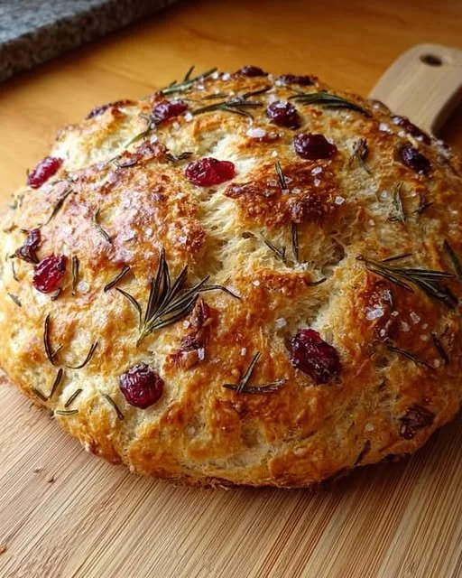 Loaf of no-knead rosemary cranberry bread with olive oil and sea salt on a wooden table.