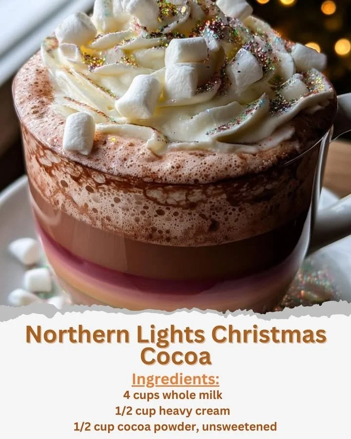 A warm cup of Northern Lights Christmas Cocoa with marshmallows and festive decorations.