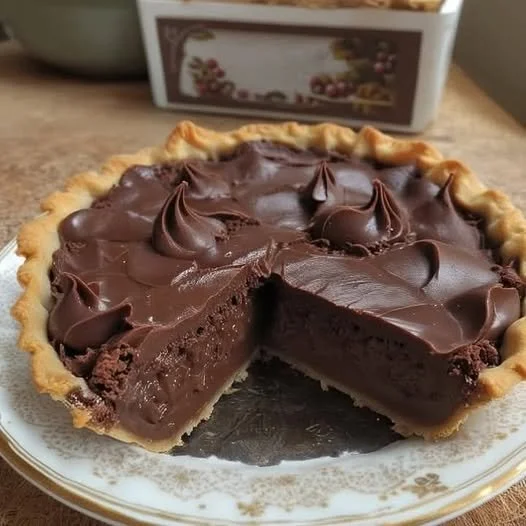 Slice of old-fashioned chocolate pie on a plate with a fork