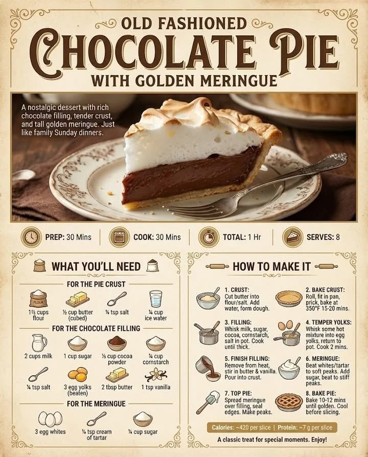 Delicious old fashioned chocolate pie with golden meringue topping