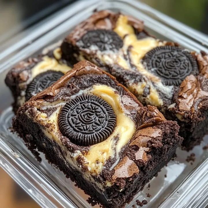 Delicious Oreo Cheesecake Brownies on a plate, showcasing layers of cream and Oreos